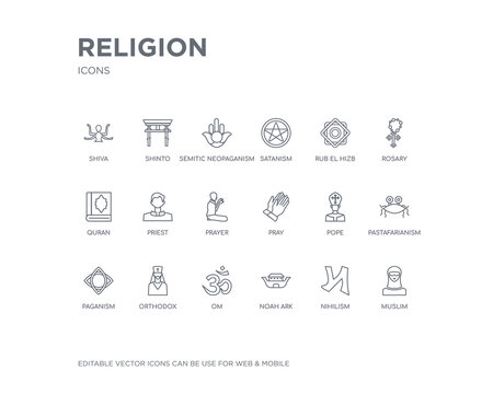 simple set of religion vector line icons. contains such icons as muslim, nihilism, noah ark, om, orthodox, paganism, pastafarianism, pope, pray and more. editable pixel perfect.