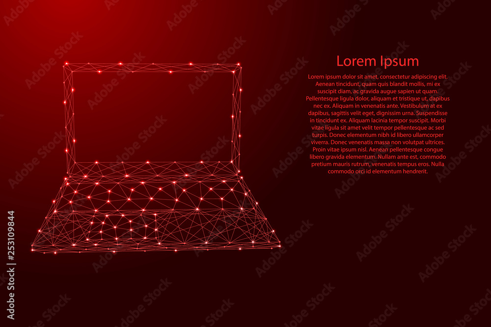 Poster laptop open notebook portable from futuristic polygonal red lines and glowing stars for banner, post