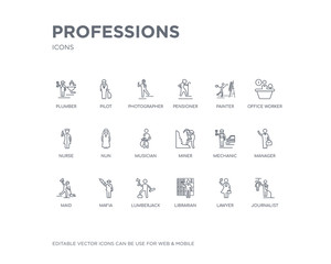 simple set of professions vector line icons. contains such icons as journalist, lawyer, librarian, lumberjack, mafia, maid, manager, mechanic, miner and more. editable pixel perfect.