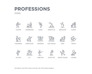 simple set of professions vector line icons. contains such icons as cooker, cricket player, detective, director, dj, doctor, driver, dyer, electrician and more. editable pixel perfect.