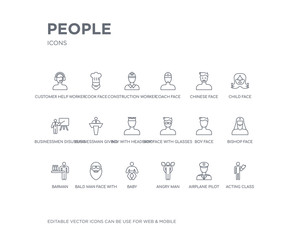 simple set of people vector line icons. contains such icons as acting class, airplane pilot, angry man, baby, bald man face with beard and sunglasses, barman, bishop face, boy face, boy with glasses