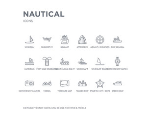 simple set of nautical vector line icons. contains such icons as speed boat, starfish with dots, tanker ship, treasure map, vessel, water resist camera, water resist watch, windsurf board, wood raft