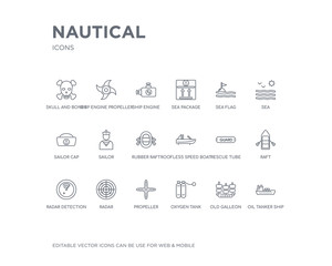 simple set of nautical vector line icons. contains such icons as oil tanker ship, old galleon, oxygen tank, propeller, radar, radar detection, raft, rescue tube, roofless speed boat and more.