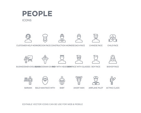 Simple Set Of People Vector Line Icons. Contains Such Icons As Acting Class, Airplane Pilot, Angry Man, Baby, Bald Man Face With Beard And Sunglasses, Barman, Bishop Face, Boy Face, Boy With Glasses