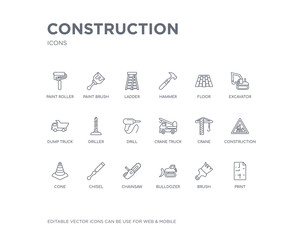 simple set of construction vector line icons. contains such icons as print, brush, bulldozer, chainsaw, chisel, cone, construction, crane, crane truck and more. editable pixel perfect.