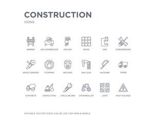 simple set of construction vector line icons. contains such icons as high voltage, joist, steamroller, circular saw, demolition, concrete, tipper, hacksaw, nail gun and more. editable pixel perfect.