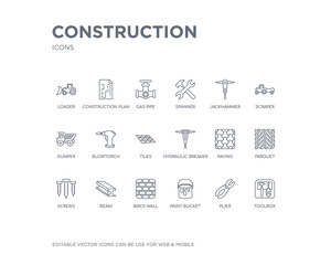 simple set of construction vector line icons. contains such icons as toolbox, plier, paint bucket, birck wall, beam, screws, parquet, paving, hydraulic breaker and more. editable pixel perfect. - 253110289