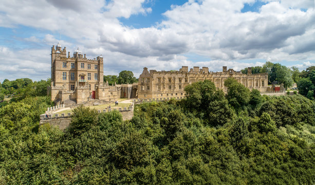 Bolsover castle in Nottinghamshire, England, UK. Partly ruined. Aerial wide panorama.