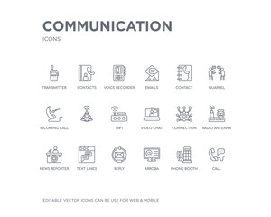 simple set of communication vector line icons. contains such icons as call, phone booth, arroba, reply, text lines, news reporter, radio antenna, connection, video chat and more. editable pixel