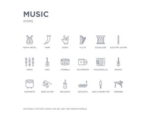 simple set of music vector line icons. contains such icons as marimba, jack connector, acoustic, melodica, bass guitar, castanets, bongo, violoncello, accordion and more. editable pixel perfect.