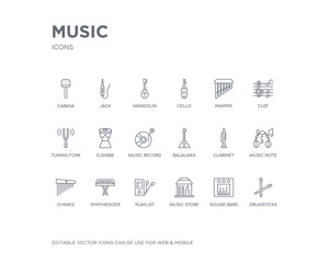 simple set of music vector line icons. contains such icons as drumsticks, sound bars, music store, playlist, synthesizer, chimes, music note, clarinet, balalaika and more. editable pixel perfect.