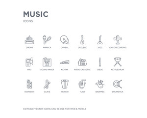 simple set of music vector line icons. contains such icons as drumstick, bagpipes, tuba, timpani, clave, diapason, kettledrum, oboe, radio cassette and more. editable pixel perfect.