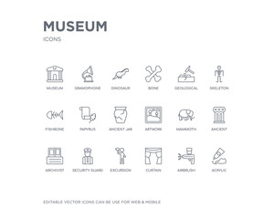 simple set of museum vector line icons. contains such icons as acrylic, airbrush, curtain, excursion, security guard, archivist, ancient, mammoth, artwork and more. editable pixel perfect.