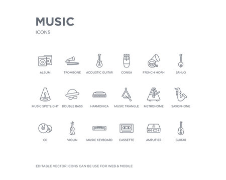 simple set of music vector line icons. contains such icons as guitar, amplifier, cassette, music keyboard, violin, cd, saxophone, metronome, music triangle and more. editable pixel perfect.