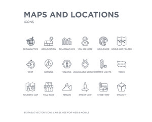 simple set of maps and locations vector line icons. contains such icons as straight, street map, street view, terrain, toll road, touristic map, track, traffic lights, unavailable location and more.