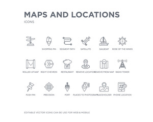 simple set of maps and locations vector line icons. contains such icons as phone location, placeholder, places to photograph, port, precision, push pin, radio tower, remove from map, remove location