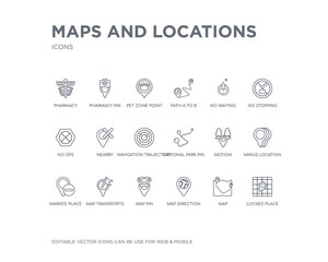 simple set of maps and locations vector line icons. contains such icons as locked place, map, map direction, map pin, transports, marked place, minus location, motion, national park pin and more.