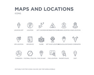 simple set of maps and locations vector line icons. contains such icons as east, favorite place, find location, find on map, football field pin, forbidden, geo cordinates, geolocalization, gift shop