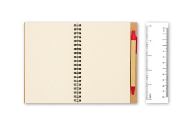 Blank realistic spiral notepad with pen and ruler isolated on white background with copy space.