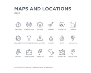 simple set of maps and locations vector line icons. contains such icons as add location, add to map, africa, airport pin, arrow on map, bank pin, building pin, center, church and more. editable