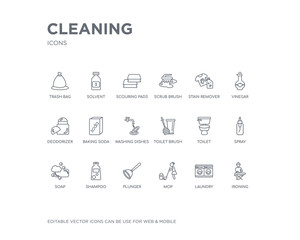 simple set of cleaning vector line icons. contains such icons as ironing, laundry, mop, plunger, shampoo, soap, spray, toilet, toilet brush and more. editable pixel perfect.
