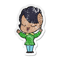 distressed sticker of a happy cartoon girl