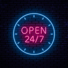 Neon sign with the inscription - Open 24 hours a week, around the clock. Vector Illustration.
