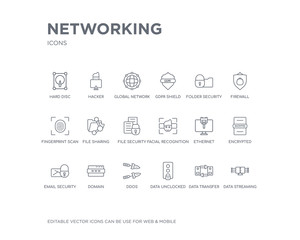 simple set of networking vector line icons. contains such icons as data streaming, data transfer, data unclocked, ddos, domain, email security, encrypted, ethernet, facial recognition and more.