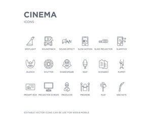 simple set of cinema vector line icons. contains such icons as machete, play, premiere, producer, projector screen, prompt box, puppet, scenario, seat and more. editable pixel perfect.