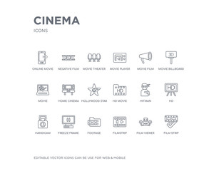 simple set of cinema vector line icons. contains such icons as film strip, film viewer, filmstrip, footage, freeze frame, handicam, hd, hitman, hd movie and more. editable pixel perfect.