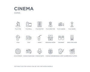 simple set of cinema vector line icons. contains such icons as cinema flapper, cinema hurdy gurdy, screen, seats, snack bar, countdown, director chair, doorway, dressing room and more. editable