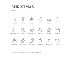 simple set of christmas vector line icons. contains such icons as mitten, north pole, nutcracker, oat cookie, piece of cake, pine cone, present, pudding, reindeer and more. editable pixel perfect.