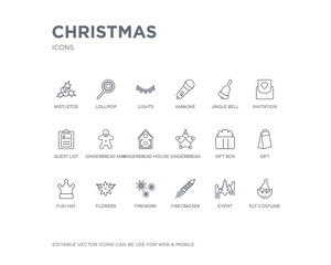simple set of christmas vector line icons. contains such icons as elf costume, event, firecracker, firework, flowers, fun hat, gift, gift box, gingerbread and more. editable pixel perfect.