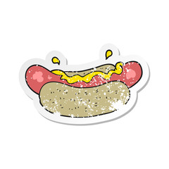 retro distressed sticker of a cartoon hotdog