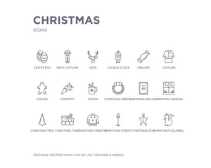 simple set of christmas vector line icons. contains such icons as christmas squirrel, christmas star, street light, sweater, train, tree, window, wishlist, wreath and more. editable pixel perfect.