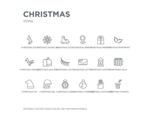simple set of christmas vector line icons. contains such icons as christmas chimney, christmas chocolate, bag, clock, girl, hat, jelly, lantern, letter and more. editable pixel perfect.