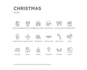 simple set of christmas vector line icons. contains such icons as 25-dec, antlers, balloons, bauble, bells, calendar, candy, candy canes, carnival mask and more. editable pixel perfect.