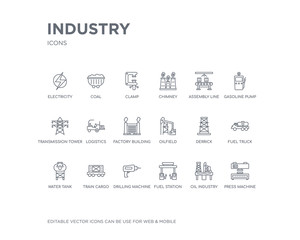simple set of industry vector line icons. contains such icons as press machine, oil industry, fuel station, drilling machine, train cargo, water tank, fuel truck, derrick, oilfield and more.
