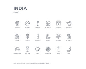 simple set of india vector line icons. contains such icons as dipa, bindi, mandala, devi, tuk tuk, kanji vadas, alamelu, chakra, cobra and more. editable pixel perfect.