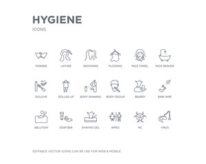 simple set of hygiene vector line icons. contains such icons as virus, wc, wipes, shaving gel, soap bar, ablution, baby wipe, beardy, body odour and more. editable pixel perfect.