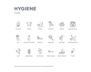 simple set of hygiene vector line icons. contains such icons as tissue, tooth brush, tooth paste, toothpick, washbowl, wax, air freshener, bacteria, bandage and more. editable pixel perfect.