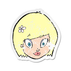 retro distressed sticker of a cartoon happy female face