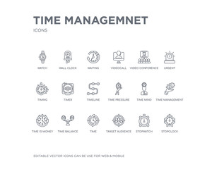 simple set of time managemnet vector line icons. contains such icons as stopclock, stopwatch, target audience, time, time balance, is money, management, mind, pressure and more. editable pixel