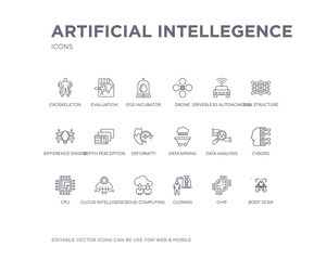 simple set of artificial intellegence vector line icons. contains such icons as body scan, chip, cloning, cloud computing, cloud intelligence, cpu, cyborg, data analysis, data mining and more.