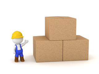 3D Character in Construction Overalls Showing Cardboard Boxes