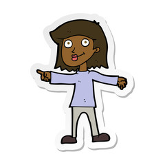 sticker of a cartoon happy woman pointing