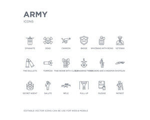 simple set of army vector line icons. contains such icons as patriot, pledge, pull up, rifle, salute, secret agent, shotgun, soldiers and a weapon, submarine front view and more. editable pixel