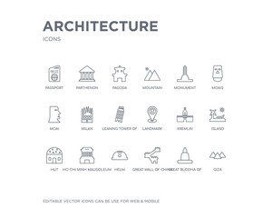 simple set of architecture vector line icons. contains such icons as giza, great buddha of thailand, great wall of china, helm, ho chi minh mausoleum, hut, island, kremlin, landmark and more.