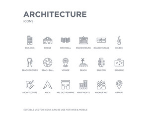 simple set of architecture vector line icons. contains such icons as airport, angkor wat, apartments, arc de triomphe, arch, architecture, baggage, balcony, beach and more. editable pixel perfect.