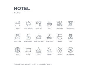 simple set of hotel vector line icons. contains such icons as no smoking, olives, onigiri, open, pillow, pizza, pool, ramen, reception and more. editable pixel perfect. - obrazy, fototapety, plakaty